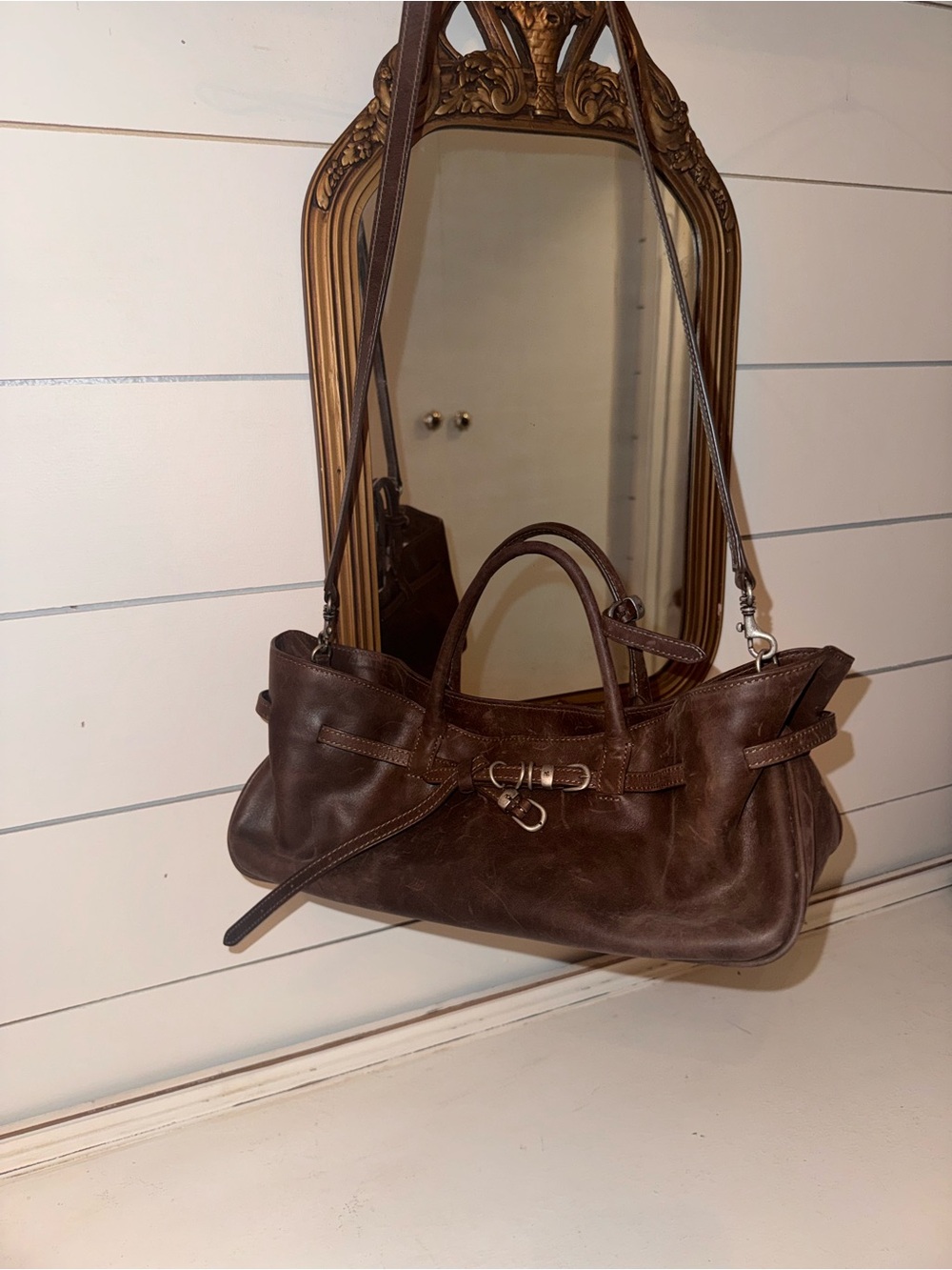 Structured Dark Brown Leather Shoulder Bag with Top Handles
